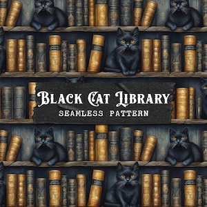 Modèle sans couture de chat noir, modèle d'étagère de sorcière, modèle d'impression de bibliothèque gothique, conception de tissu foncé d'université, modèle de répétition d'Halloween