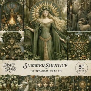 Summer Solstice Junk Journal Images, Litha Pagan Nature Goddess Art Printables, Folk Woodland Fantasy Clipart, Collage Papers for Crafts JPG