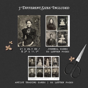 Pu&ograve; includere: Una collezione di stampe di ritratti in bianco e nero in stile vintage con varie figure, tra cui una donna in abito scuro, bambini e gruppi. Il set include schede per diario e carte collezionabili da 21 per 29,7 cm, accompagnate da un paio di forbici nere.