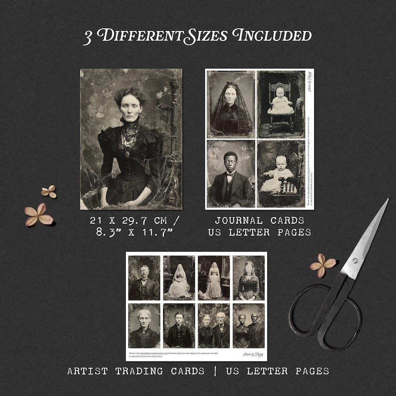 Pu&ograve; includere: Una collezione di stampe di ritratti in bianco e nero in stile vintage con varie figure, tra cui una donna in abito scuro, bambini e gruppi. Il set include schede per diario e carte collezionabili da 21 per 29,7 cm, accompagnate da un paio di forbici nere.