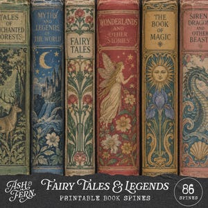 Lomos de libros imprimibles de cuentos de hadas y leyendas, 86 lomos de diarios creativos de fantasía, efímeros de folclore y mitología, kit de descarga digital para amantes de los libros
