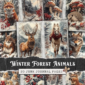 Kit diario spazzatura con animali della foresta invernale, pagine di diario doppie del bosco, carta per scrapbooking a tema natura, carte digitali vintage con coniglio, volpe e lupo