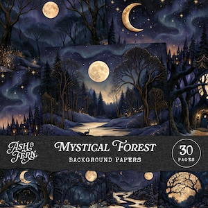 Può includere: Una collezione di 30 carte di sfondo digitali intitolate Ash & Fern Mystical Forest. Le immagini mostrano paesaggi forestali notturni scuri con lune piene, lune crescenti, cieli stellati, sagome di alberi e piccole capanne illuminate.