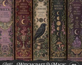 Pode incluir: Cinco lombadas de livros verticais com ilustrações ornamentadas. As lombadas exibem títulos como Wicca, Spells Rituals and Sacred Knowledge, The Grimoire, The Magick Within e Crystals Herbs and Ancient Rituals, decoradas com mariposas, um corvo e plantas.