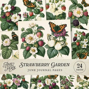 Op de afbeelding: Een verzameling van 24 junk journal pagina's met vintage botanische illustraties van aardbeien, bloemen, vlinders en bladeren. De pagina's hebben een crèmekleurige achtergrond met gedetailleerde, kleurrijke kunstwerken.
