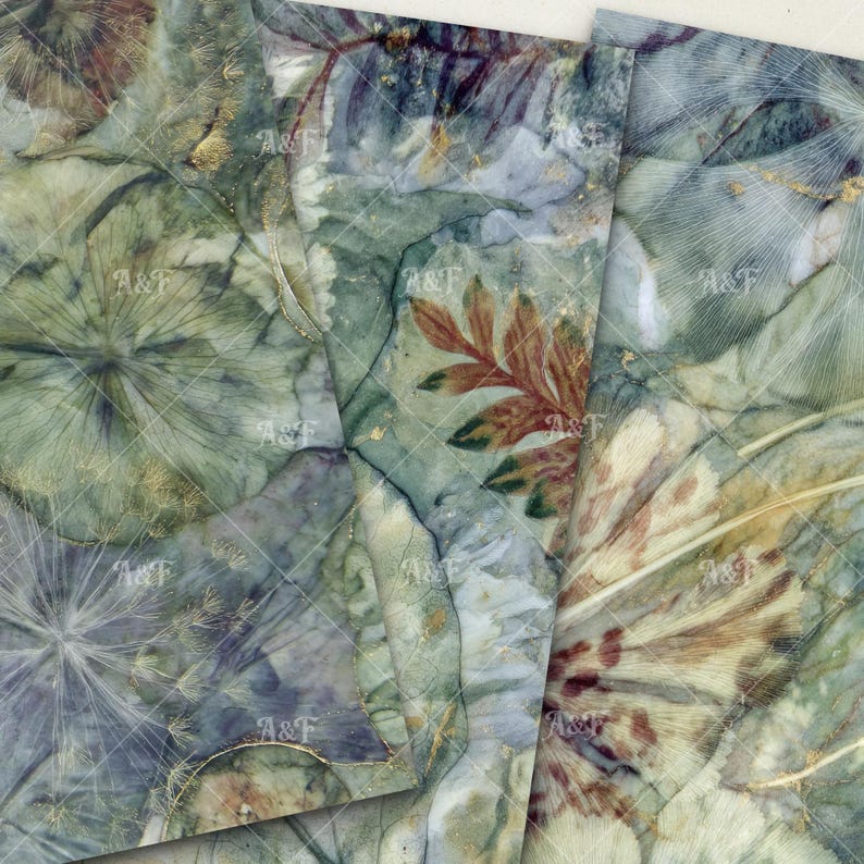 May include: Abstract watercolor art print featuring a botanical design in shades of green, blue, and gold. The artwork showcases a layered composition with floral and leaf motifs, creating a textured and artistic aesthetic. The print includes the text "A&F" in multiple places.