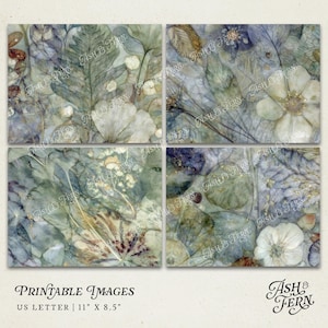 May include: A set of four printable images featuring a watercolor botanical design. The artwork showcases delicate leaves, flowers, and seed pods in shades of green, blue, and white. The text "Printable Images" and "US Letter | 11" X 8.5"" are visible.