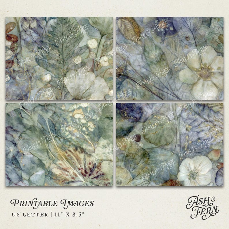 May include: A set of four printable images featuring a watercolor botanical design. The artwork showcases delicate leaves, flowers, and seed pods in shades of green, blue, and white. The text "Printable Images" and "US Letter | 11" X 8.5"" are visible.