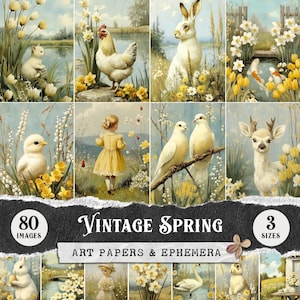 Páginas de diário de Páscoa de primavera vintage, cartões de registro ATC, kit de colagem Cottagecore, impressões de arte para impressão em papel digital floral de narciso