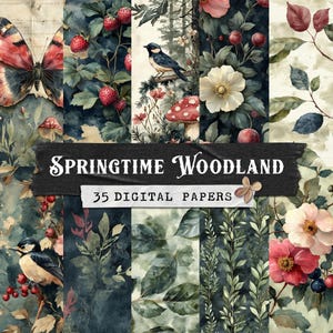 Carta digitale primaverile Woodland, sfondi per diario spazzatura con fiori, uccelli e bacche, carta per album a tema natura, fogli per collage di funghi