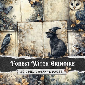 Pagine di diario del Grimorio della Strega della Foresta, Pagine di riempimento della Magia delle Erbe, Carte digitali neutre di Dark Academia Grungy, Sfondi di Famigli Stregoni