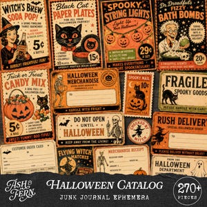 Könnte beinhalten: Eine Sammlung von Halloween-Ephemera im Vintage-Stil mit verschiedenen Etiketten, Karten und Schildern, die Skelette, schwarze Katzen, Kürbisse und Hexen zeigen. Die Designs enthalten Texte wie Witch's Brew, Spooky String Lights und Halloween Merchandise.