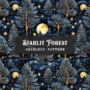 Modèle sans couture de forêt de Noël céleste de nuit étoilée pour l'impression, fichier de répétition de conception de tissu de papier numérique de lune des bois sombres mystiques JPG