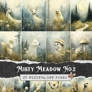 Animaux de la forêt brumeux, pages imprimables du journal indésirable, paquet de papier d'art numérique forêt, aquarelle renard ours loup lapin cerf Nature éphémères JPG
