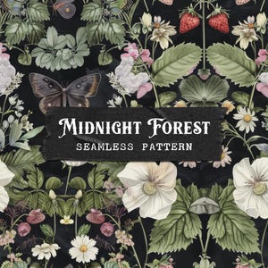 Motten & Walderdbeeren Dunkles Cottagecore Waldland Muster zum ausdrucken | Digitales Papier Hintergrund | Stoff-Design-Wiederholungsdatei JPG