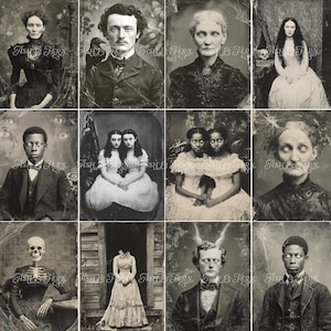 Pu&ograve; includere: Una collezione di dodici ritratti in bianco e nero in stile vintage che raffigurano individui e figure con elementi soprannaturali inquietanti, tra cui occhi luminosi, scheletri e apparizioni spettrali, tutti sovrapposti con il testo Ash & Fern.