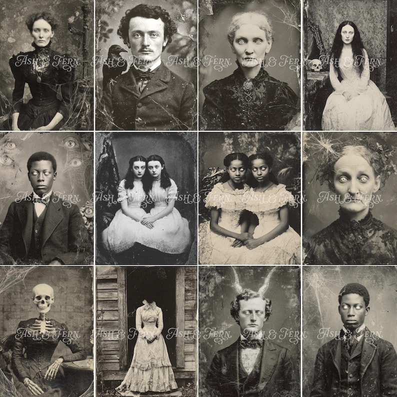 Pu&ograve; includere: Una collezione di dodici ritratti in bianco e nero in stile vintage che raffigurano individui e figure con elementi soprannaturali inquietanti, tra cui occhi luminosi, scheletri e apparizioni spettrali, tutti sovrapposti con il testo Ash & Fern.