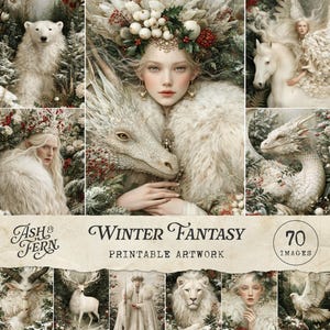 May include: A collection of 70 printable digital images titled Winter Fantasy by Ash & Fern. The artwork features various winter-themed subjects including a polar bear, a white dragon, a white horse, a deer, a lion, and figures in fur clothing.