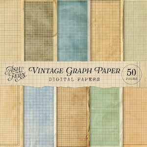 May include: A collection of vintage graph paper digital papers. The papers feature a grid pattern in various colors, including beige, blue, and green, with a distressed, aged appearance. The text "Ash & Fern Vintage Graph Paper Digital Papers 50 Pages" is displayed.