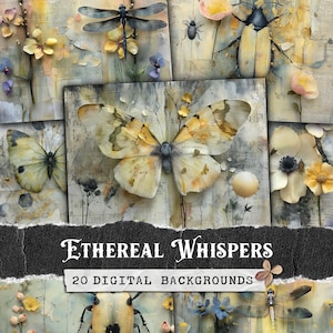 Butterfly, Dragonfly & Insect Junk Journal Backgrounds, Mixed Media Collage Sheets, Nature Digital Scrapbooking Paper | Ethereal Whispers
