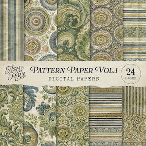 May include: A collection of 24 digital pattern papers in various designs. The papers feature floral, paisley, and striped patterns in shades of green, blue, and gold. The text "Ash & Fern Pattern Paper Vol. 1 Digital Papers" is displayed.