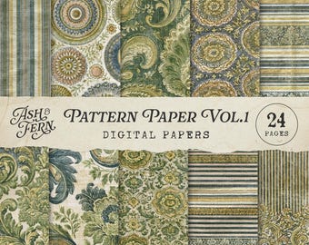 Eclectic Pattern Decorative Digital Papers, Vintage Stripe & Flourish Wallpaper Junk Journal Pages, Green Blue Cream Printable Backgrounds