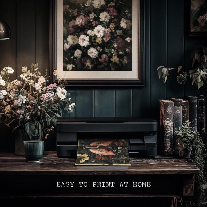 May include: A black and silver printer with a floral print being printed. The printer is on a dark wood table with a vase of flowers and books on the table. The text "EASY TO PRINT AT HOME" is on the table.