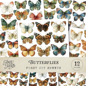 May include: Sheets of fussy cut butterflies in various colors, including orange, blue, green, and white. The butterflies are arranged on white paper. The text "Butterflies Fussy Cut Sheets" is displayed on the bottom of the image. The image also includes the text "Ash & Fern" and "12 Pages."