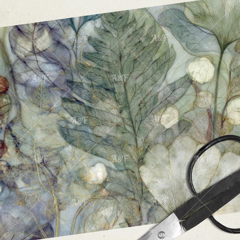 May include: Botanical-themed fabric with a watercolor effect. The design features large green fern leaves, delicate white flowers, and gold accents. The fabric has a soft, muted color palette of greens, blues, and creams. A pair of scissors is in the bottom right corner.