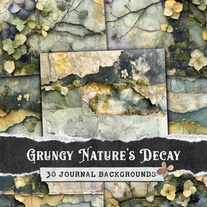 Grungy achtergrondtexturen natuurbederf, verweerd botanisch bos mos en bloemen ongewenste dagboekpagina's, digitale collagepapier plakboek