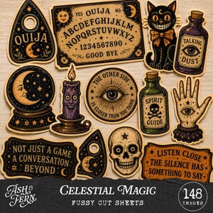 May include: A collection of die-cut stickers featuring occult and celestial imagery including a Ouija board, a black cat, a skull, a crystal ball, a candle, a spirit guide bottle, a talking dust bottle, a palmistry hand, and various text-based signs.