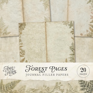 May include: A collection of aged paper pages with fern leaf accents. The pages are a light beige color with a textured appearance. The text "Forest Pages" and "Journal Filler Papers" is displayed on a banner. The image also shows "20 pages" in a circle.