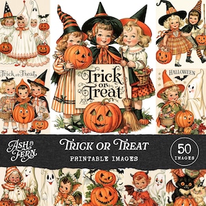 May include: A collection of vintage-style Halloween illustrations featuring children in costumes, jack-o'-lanterns, ghosts, and black cats. The images include text reading Trick or Treat and Halloween, presented as a set of 50 printable images by Ash & Fern.