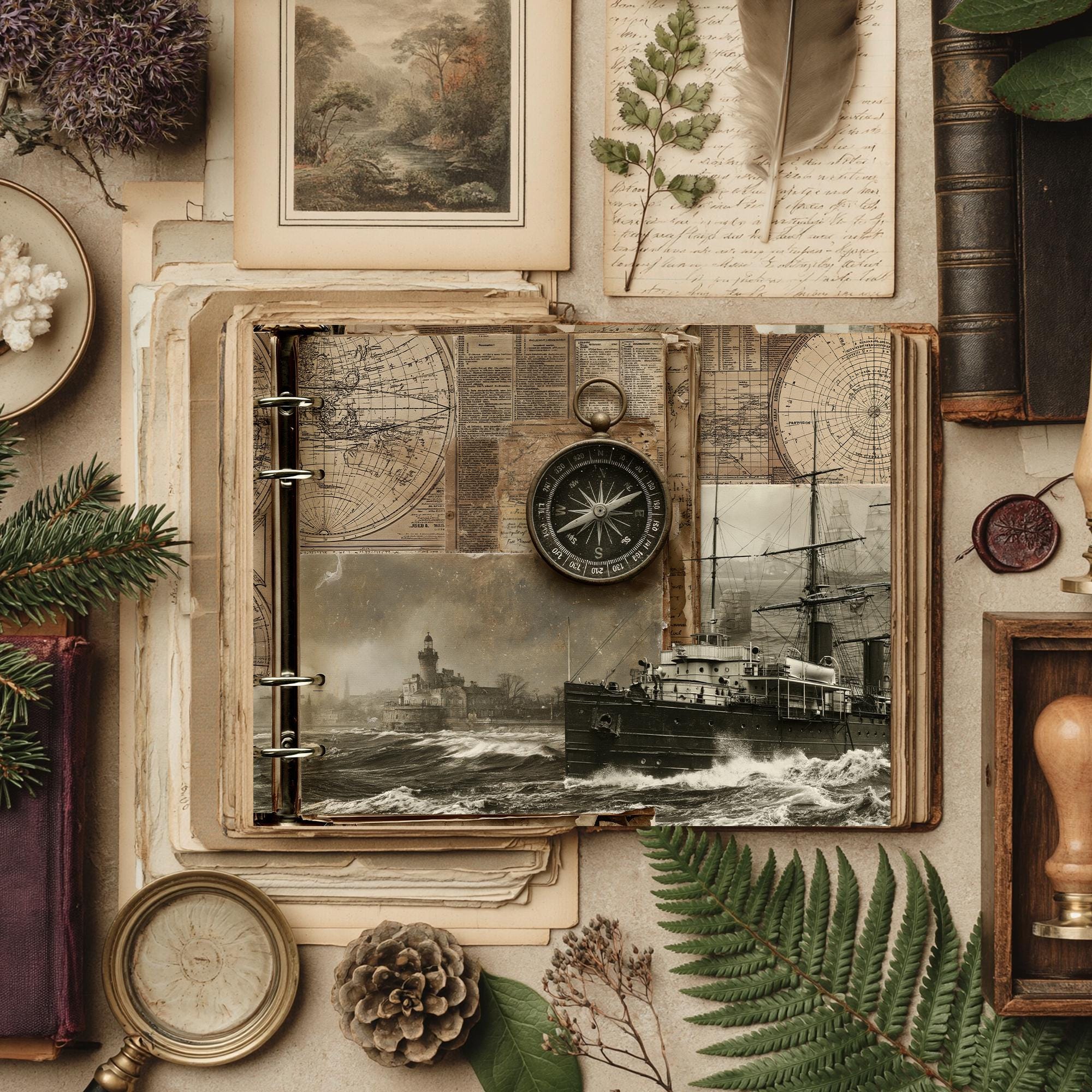 Nautical Travel Junk Journal Pages, Vintage Maritime Ephemera, Ship Map ...
