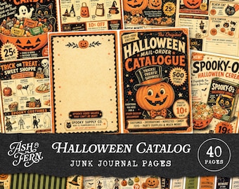 Puede incluir: Una colección de páginas de catálogo de Halloween de estilo vintage con ilustraciones de calabazas, gatos negros, fantasmas y esqueletos. Las páginas incluyen texto como The Original Halloween Mail-Order Catalogue, Spooky Supply Co. y varios listados de productos con precios en centavos.