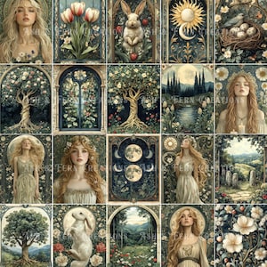 May include: A collage of 18 images featuring a whimsical, fairytale-like aesthetic. The images depict women, rabbits, trees, flowers, moons, and other nature-inspired elements. The images are framed in a decorative, ornate style.