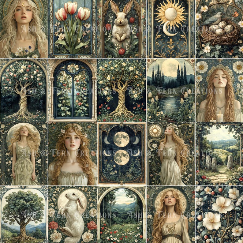 May include: A collage of 18 images featuring a whimsical, fairytale-like aesthetic. The images depict women, rabbits, trees, flowers, moons, and other nature-inspired elements. The images are framed in a decorative, ornate style.