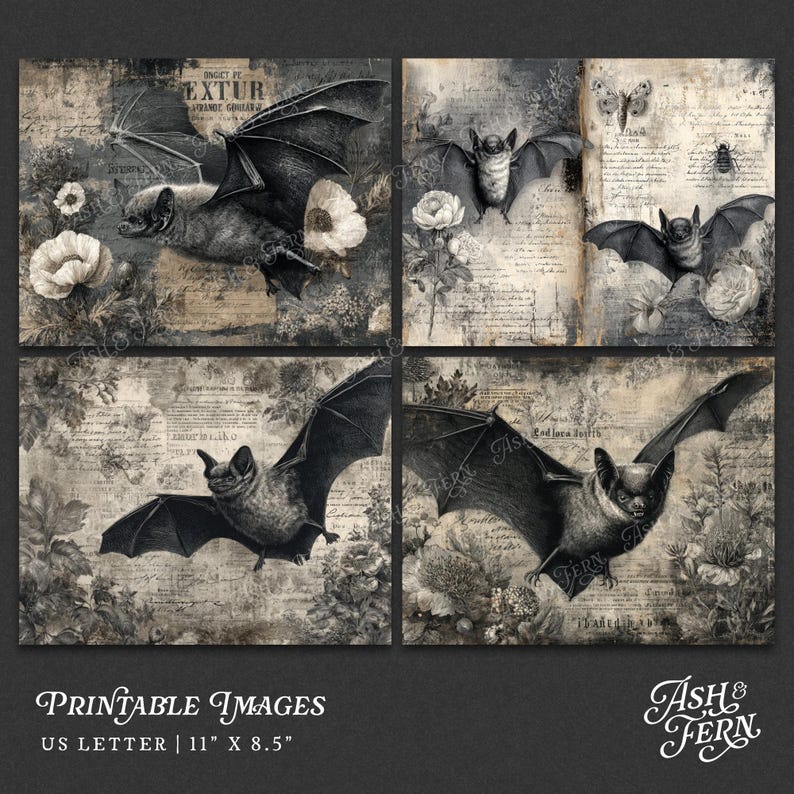 Gothic Vampire Bats Printable Junk Journal Pages, Dark Academia Grunge ...