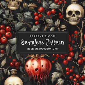 Skulls & Winter Fruit Gothic Christmas Decorations Illustration Seamless Pattern for Printing | Digital Paper Fabric Design Repeat File JPG