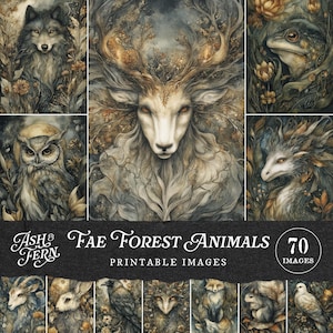 Peut inclure: Une collection de 70 images imprimables présentant des illustrations à l'aquarelle d'animaux de la forêt. Les images incluent un loup, un hibou, un cerf, une grenouille et d'autres créatures. Le texte "Ash & Fern" et "Fae Forest Animals" est affiché.