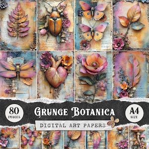 Papéis digitais botânicos grunge, páginas de diário de lixo floral de mídia mista neon, impressões de colagem chiques e surradas, imagens efêmeras da natureza para impressão