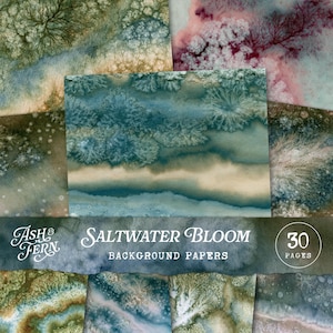 Könnte beinhalten: Eine Sammlung von 30 digitalen Hintergrundpapieren mit dem Titel Ash & Fern Saltwater Bloom, die abstrakte Aquarelltexturen mit organischen, verzweigten Mustern in Schattierungen von tiefem Petrol, Waldgrün, gedämpftem Beige und sanftem Rotrosa zeigen.
