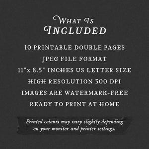 Pode incluir: Fundo cinza escuro com texto branco que detalha os conte&uacute;dos de um produto digital. O texto inclui informa&ccedil;&otilde;es sobre p&aacute;ginas imprim&iacute;veis, formato de arquivo JPEG, tamanho (27,9 x 21,6 cm), resolu&ccedil;&atilde;o e instru&ccedil;&otilde;es de impress&atilde;o. As imagens s&atilde;o sem marca d'&aacute;gua.