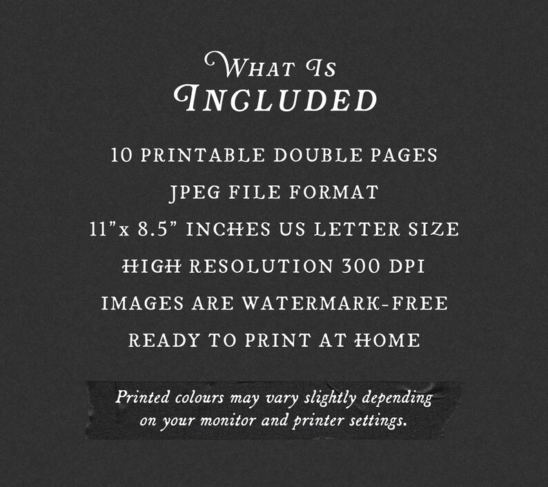 Pode incluir: Fundo cinza escuro com texto branco que detalha os conte&uacute;dos de um produto digital. O texto inclui informa&ccedil;&otilde;es sobre p&aacute;ginas imprim&iacute;veis, formato de arquivo JPEG, tamanho (27,9 x 21,6 cm), resolu&ccedil;&atilde;o e instru&ccedil;&otilde;es de impress&atilde;o. As imagens s&atilde;o sem marca d'&aacute;gua.