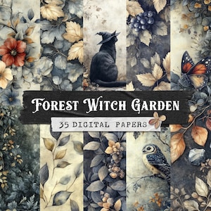 Paquete de papel digital Forest Witch Garden, texturas grunge encantadas, fondos de álbum de recortes místicos de estilo cottagecore oscuro, kit de collage botánico