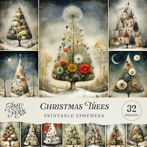 May include: A collection of 32 printable Christmas tree images. The images feature whimsical, artistic depictions of Christmas trees, some resembling villages and others adorned with flowers and unique ornaments. The color palette includes muted tones with pops of color.