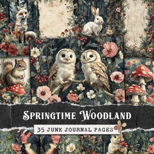 Kit diario di scarto primaverile Woodland, pagine di diario sugli animali della foresta, carta per scrapbooking a tema natura, carte digitali stampabili con gufo e volpe
