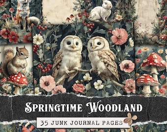 Woodland Animals Junk Journal Kit, Owl & Fox Botanical Mushroom Scrapbook Digital Papers Collage Printables (Digital Download)