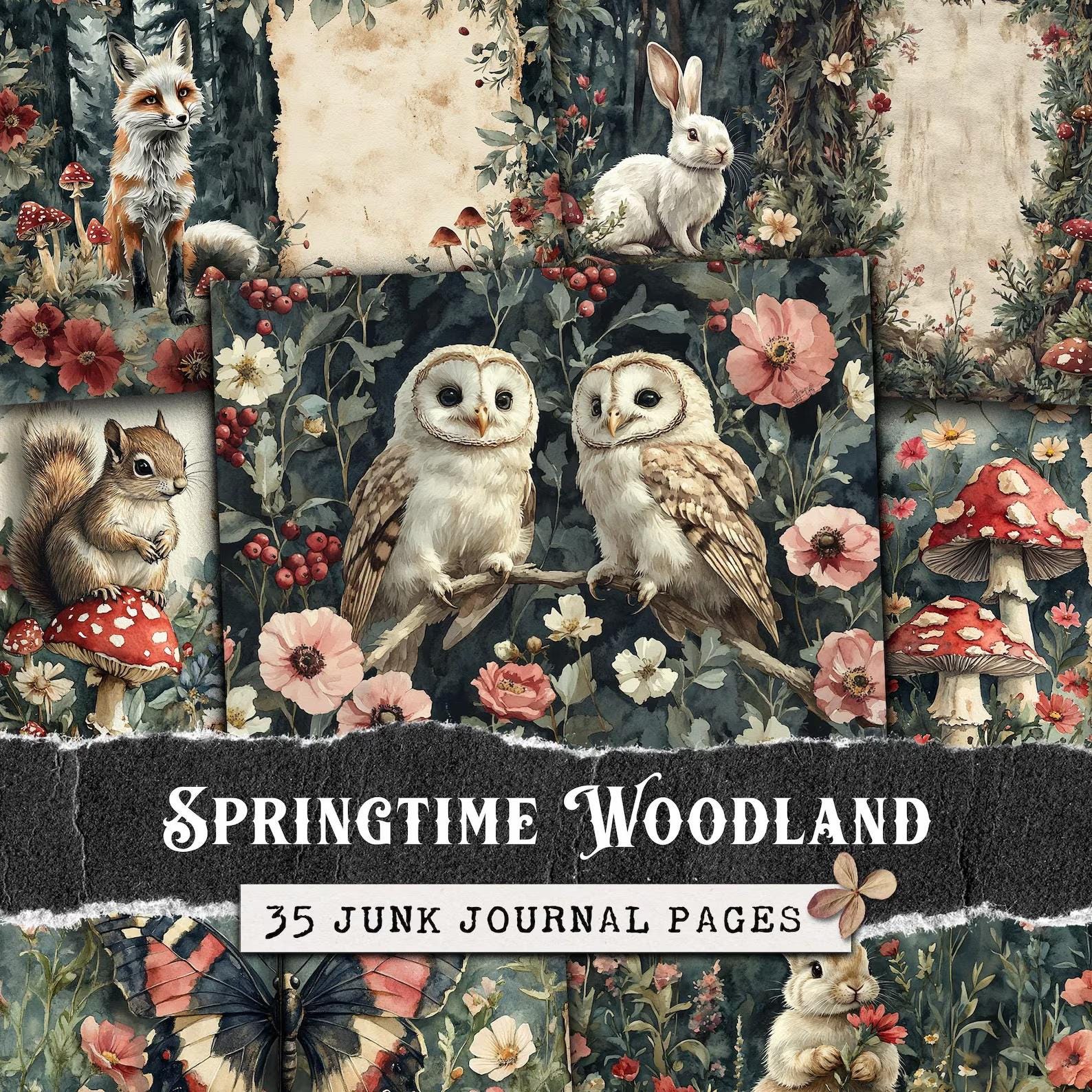 Woodland Animals Junk Journal Kit, Owl & Fox Botanical Mushroom Scrapbook Digital Papers Collage