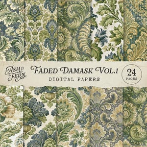 Peut inclure: Une collection de papiers numériques avec un motif damassé délavé. Les papiers présentent des motifs floraux et de volutes dans des tons de vert, de bleu et de beige. Le texte "Ash & Fern" et "Faded Damask Vol.1" est affiché, ainsi que "24 pages".